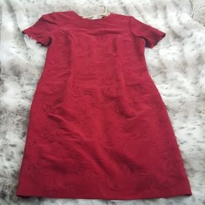 Red faux suede dress with floral embroidery